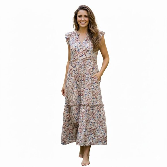 &merci Floral Tiered Maxi Dress Small with Pockets Floral Like New - Picture 1 of 10